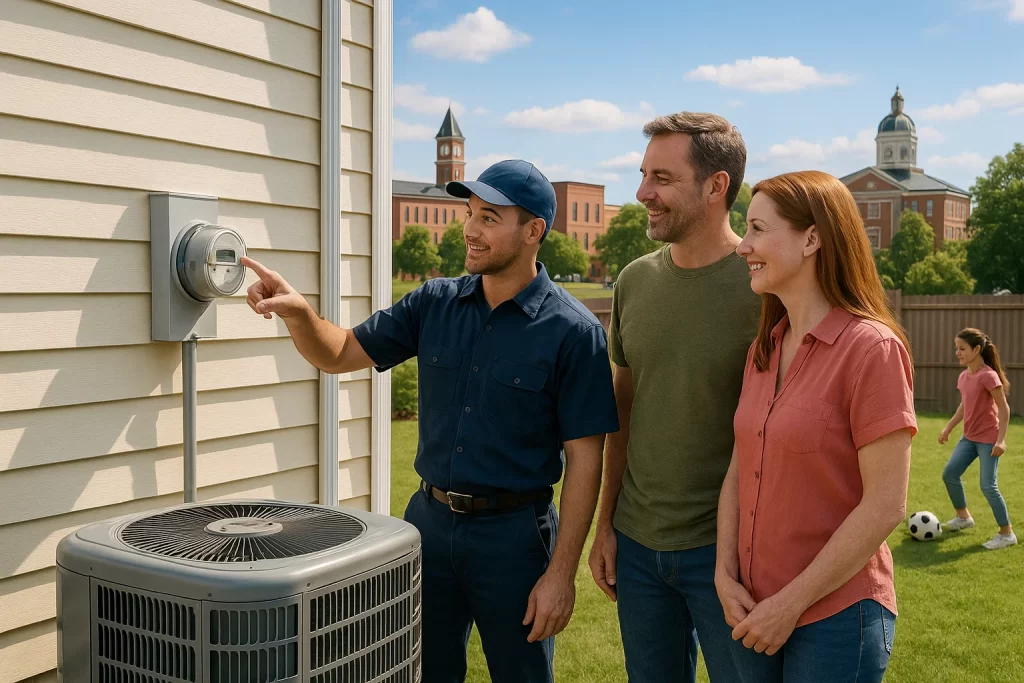 HVAC technician shows homeowners the electrical meter next to their AC unit in Lawrenceville, GA.