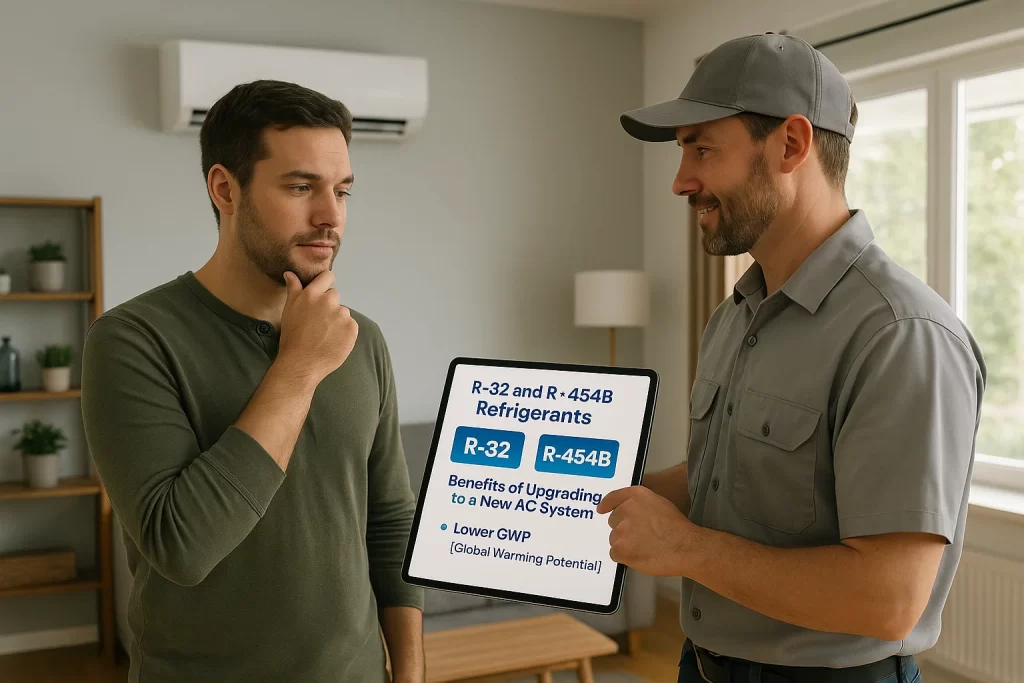 Homeowner discussing new AC refrigerant options with technician in Lawrenceville living room.
