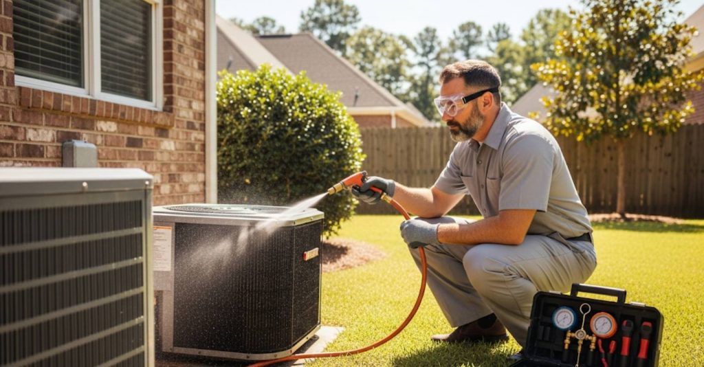 HVAC technician cleaning outdoor condenser unit in Georgia backyard during summer