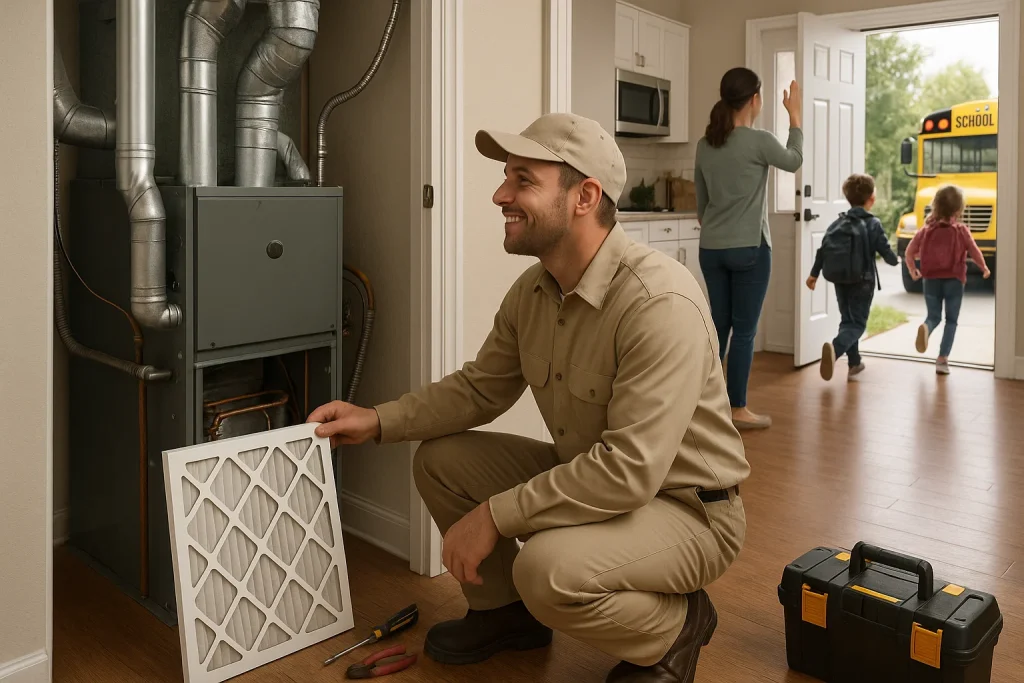An HVAC tech replaces an air filter as a mom waves goodbye to kids going to school.