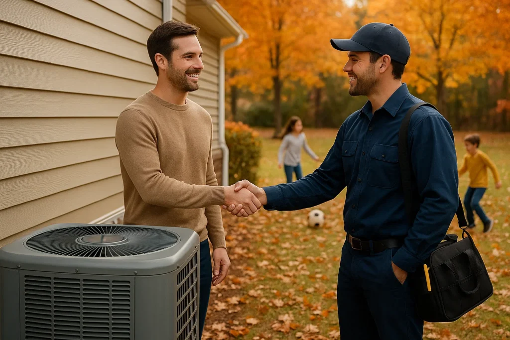 A homeowner and a HVAC tech shaking hands on the side of a home.
