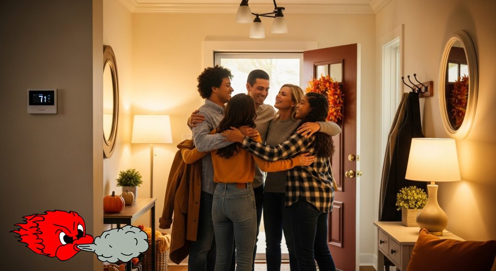 A happy family greeting each other for Thanksgiving. They are hugging and taking off coats. The home they are in is well-lit and warm. There is a thermostat on the closest wall that reads 71
