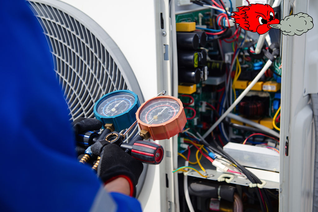The air conditioner technician is using a gauge to measure the refrigerant pressure. air compressor.
