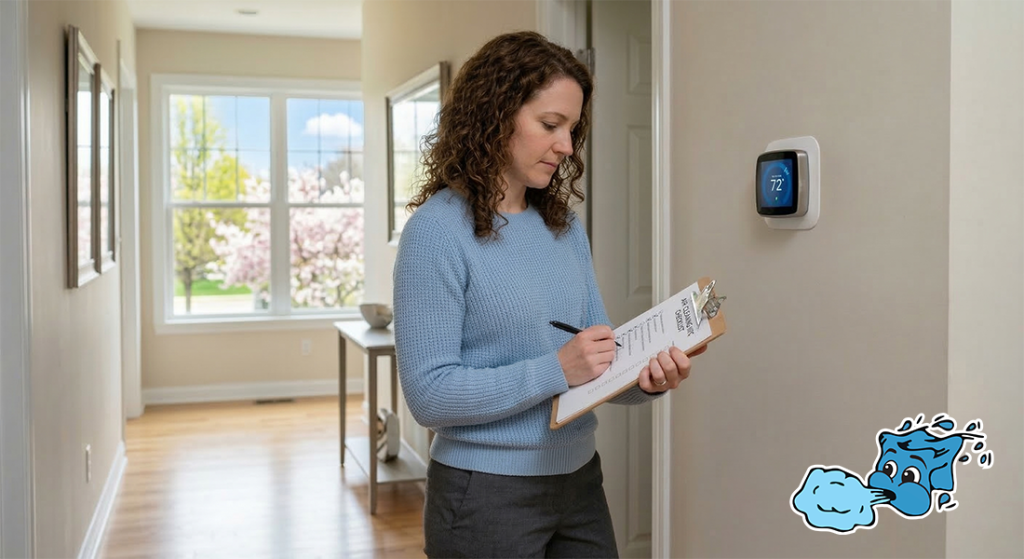 a woman standing next to her smart thermostat in a well-lit hallway. She is holding an air conditioning checklist on a clipboard in her hand. In the background of the image is a window showing a spring day
