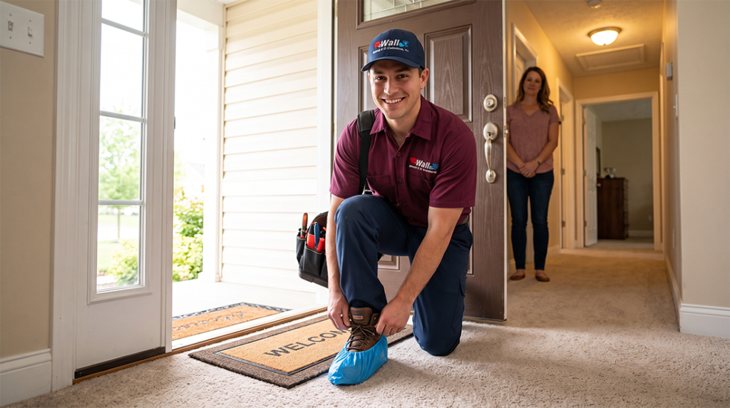 A happy HVAC technician entering a well-lit home with a smile and placing shoe covers on his feet