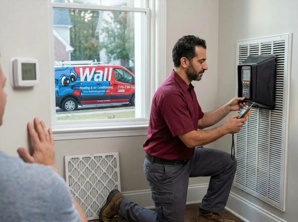 HVAC technician checking airflow during a fall heating startup in Duluth Georgia